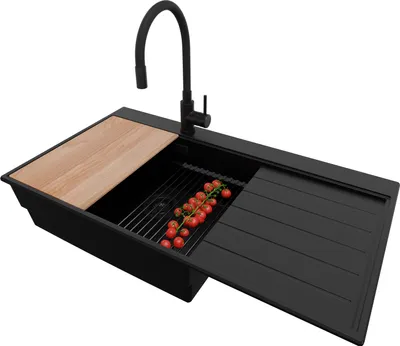 Produktbild von PRIMAGRAN Granitspüle Alles Schwarz 90x50cm, Spülbecken 1 Becken + Ablauf-Set + Küchenzubehörset, Küchenspüle ab 60er Unterschrank - Sydney