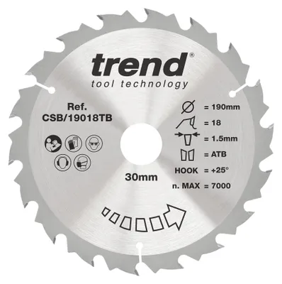 Kreissägeblatt 190 mm, 18 Zähne, 30 mm Bohrung, TCT, für Akkusägen