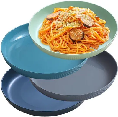 Produktbild von Ibenzoa® 4er-Set unzerbrechliche flache Teller aus lebensmittelechtem PP, 23 x 23 x 2,5 cm, mikrowellen- & spülmaschinenfest, BPA-frei, Dunkelblau/Dunkelgrün/Dunkelgrau – für Picknick & Camping