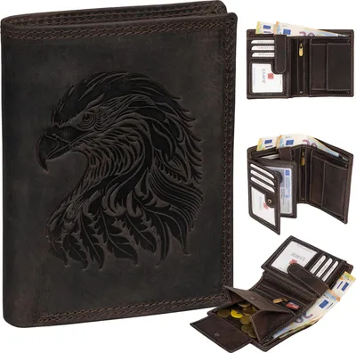 Produktbild von Geldbörse Herren Echt Leder RFID Portemonnaie Büffelleder mit geprägtem Motiv Braun Hochformat Adlerkopf
