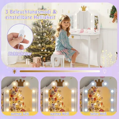 Immagine prodotto di Toeletta per bambini con illuminazione, toeletta per ragazze con specchio a tre ante, bianco