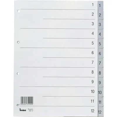 Produktbild von Bene Kunststoffregister, DIN A4, 12-teilig, 1 - 12, Rasterdruck, 120 my, PP, grau, Universallochung