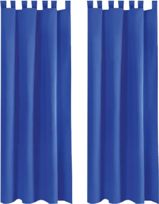 Two blue curtains hanging side-by-side.