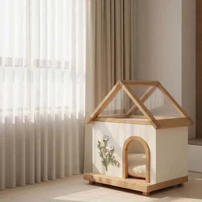 Productafbeelding van Decoratieve houten kattenhuis van massief hout, geschikt als kattenhuis of hondenhok, wit, 68x55x80 cm