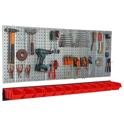 Produktbild von Werkzeugwand 156x72 cm Metall Lagersystem mit Werkzeughaltern Werkzeughaken und 12 Stapelboxen 120 x 195 x 90 mm Farbe: rot Lochbrett Werkstatt Garage Steckbrett Elektrowerkzeuge Lochwand