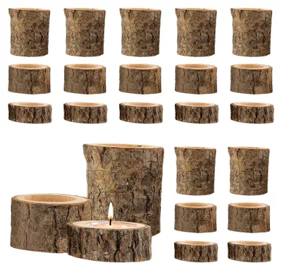 Produktbild von 24 Teelichthalter aus Holz in 3 Größen, Kerzenleuchter für Hochzeit und Dekoration, 5,5 x 2,5 cm, 5,5 x 6 cm, 6 x 7 cm