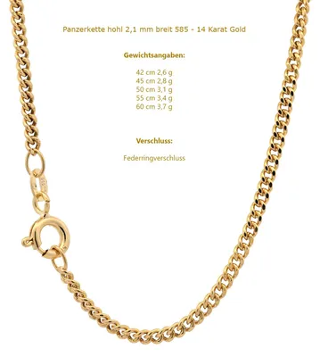Produktbild von Goldkette Panzerkette hohl Halskette  2,1mm 45cm 585-14 Karat Gold