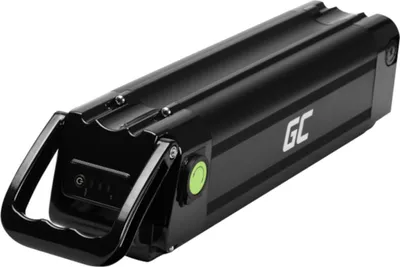 A black e-bike battery pack with a handle and a green button.