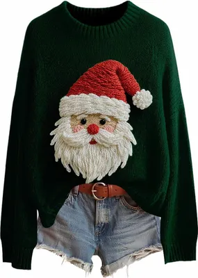 Produktbild von ASKSA Damen Weihnachtspullover,Strickpullover Rundhals Pulli Sweater Herbst Winter Warm Strickpulli Weihnachtspulli (D-Dunkelgruen,L)