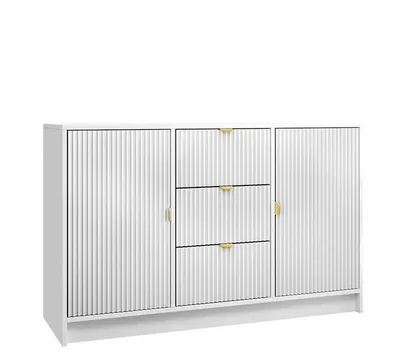 Produktbild von MIRJAN24 Kombikommode Tireno 2D3SZ, Kommode mit zwei Drehtüren und drei Schubladen, Aluminiumgriff in der Farbe Gold (Farbe: Weiß Velvet)