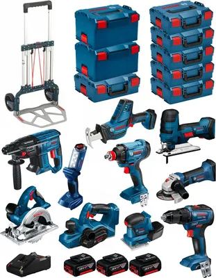 Produktbild von BOSCH Kit 18V BK1001 (GST18V-LIS+GKS18V-LI+GBH18V-21+GWS18-125V-LI+GSR18V-55+GSA18V-LIC+GDX18V-180+GLI18V-300+GHO18V-LI+3x4,0Ah)