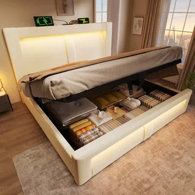 Produktbild von Polsterbett mit Stauraum, hydraulischem Lift, App-gesteuerter LED-Beleuchtung, USB & Type-C-Anschlüssen, samtigem Kopfteil, ohne Matratze, Beige, 140x200 cm