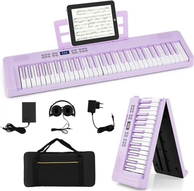 Produktbild von COSTWAY 61-Tasten-Digitalpiano mit Kopfhörern, Notenständer, Klaviertastatur mit Lautsprechern, Sustain-Pedal, MIDI-Funktion, Lila