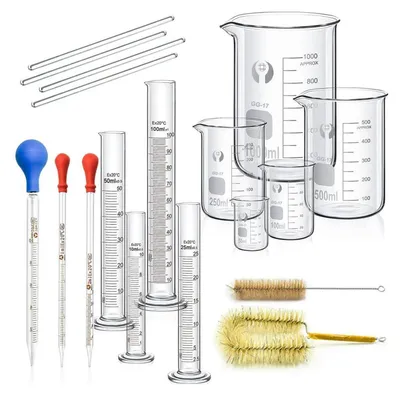 Zdjęcie produktu dla Zestaw pipet cylindrycznych do zlewek, 5 szt. Zlewki z podziałką, 4 szt. Szklane cylindry z podziałką, 3 szt. Szklane pipety z podziałką, 4 szt. Szklany pręt mieszający i 2