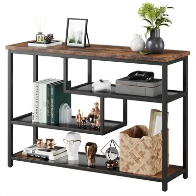 Imagen del producto de Mesa consola estrecha con 4 niveles – Estantes de vidrio y estructura de metal – Mesa moderna para pasillo – Color marrón