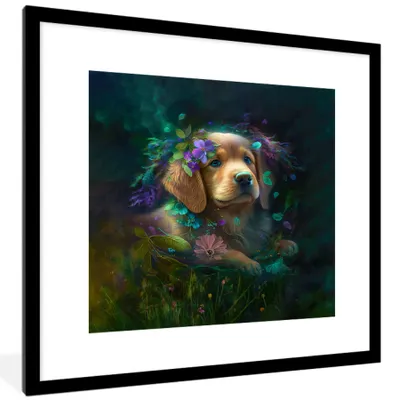 Produktbild von MuchoWow® Gerahmtes Poster Hund - Welpe - Blumen - Natur - Golden Retriever 40x40 cm - Poster mit Schwarzem Bilderrahmen Wandposter Rahmen Foto Bilder - Poster - Plakat im Rahmen