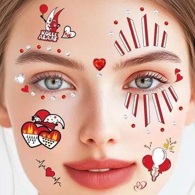 Image de Tatouages temporaires pour le carnaval, motif visage, 4 feuilles, rouge et blanc, paillettes, "Köln Alaaf", cœur, pour enfants et adultes