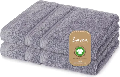 Zdjęcie produktu dla Lavea® zestaw 2 ręczników 30x30 cm, ręczniki i myjki Bali z bawełnianej frotte, łatwe w pielęgnacji, 100% bawełna organiczna GOTS, jasnoszare