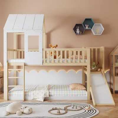 Immagine prodotto di Letto a castello con scivolo, dimensioni 90x200 cm, realizzato in pino e MDF. Letto a forma di casetta con tetto e finestre. Letto per bambini con protezioni laterali e scala ad angolo retto, finitura naturale e bianca