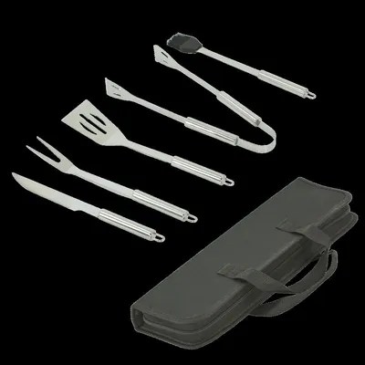 Produktbild von HOOZ 5x Grillbesteck Set Edelstahl, Grillkoffer mit Grillwender, Fleischgabel, Marinadepinsel, Grillzange und Grillmesser