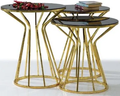 Produktbild von Casa Padrino Designer Beistelltisch Set Gold / Grau - 3 Metall Tische mit Glasplatte - Wohnzimmer Möbel - Luxus Kollektion