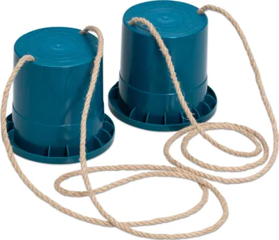 A pair of teal-colored stilts with ropes, shown against a white background.