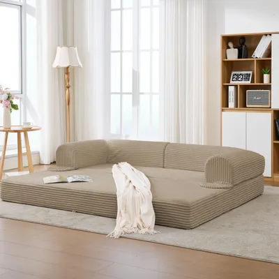 Produktbild von LVHOM 2-Sitzer Schlafsofa aus Cordstoff, 2-in-1 Klappsofa, Sofabett, faltbares Bodensofa mit Schlaffunktion, Gästebett 190×156 cm, bis 250 kg, Braun