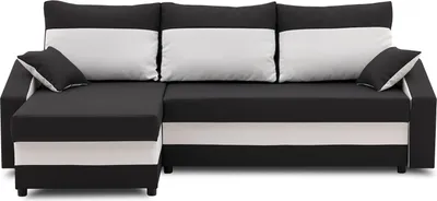 A black and white sectional sofa with pillows.