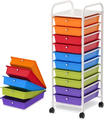 Produktbild von JOIEYOU Rollwagen Rollcontainer mit 10 Schubladen Bastelwagen Organizer Schubladenwagen Badregal mit Metallgestell und Ablagefläche Aufbewahrungswagen, Schmal