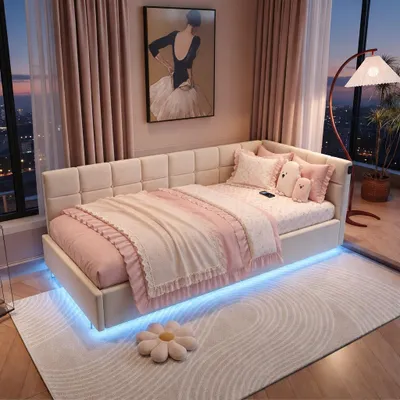 Image de INONEFT, canapé-lit avec coffre à lits hydraulique, dimensions 90x200 cm, avec éclairage LED et ports USB, lit pour adolescents, revêtement en tissu doux, sans matelas, couleur beige