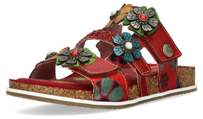 Image de Mules Laura Vita pour femme avec applications florales et perles, modèle Brcyano 36, pointure : 37 EU, couleur : rouge
