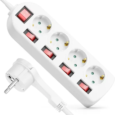 Produktbild von deleyCON 4-Fach Steckdosenleiste mit Flachstecker - EIN/AUS Schalter - einzeln schaltbar - 3,0m Kabel - Mehrfachsteckdose Stromkabel Verteiler Verlängerung Stromleiste Haushalt Büro 3680W - Weiß