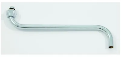 A chrome-plated faucet spout on a white background.