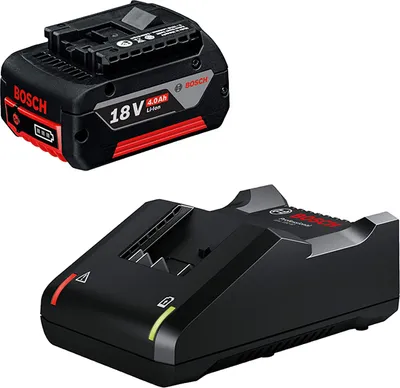 A Bosch 18V 4.0Ah Li-Ion battery pack and a Bosch GAL 18V-40 charger are shown against a white background.
