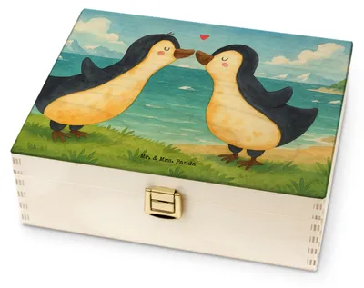 Produktbild von Mr. & Mrs. Panda Teebox Pinguine Kuss Design - Weiß - Geschenk, für Frauen, Holz, Freundin, Tee Box, Teekasten, Freund, Hocheitstag, Valentinstag, Jahrestag, Hochzeitstag