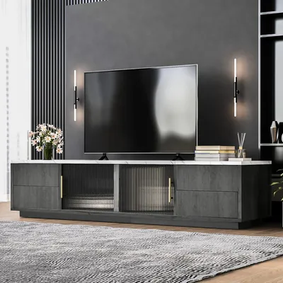 Produktbild von MODFU Lowboard TV-Schrank mit 4 Schublade und 2 Glastür, Lange 160cm Fernsehtisch Wohnzimmerschränke TV-Möbel TV-Regal für Fernseher bis zu 70 Zoll für Wohnzimmer, Esszimmer und Schlafzimmer, Grau