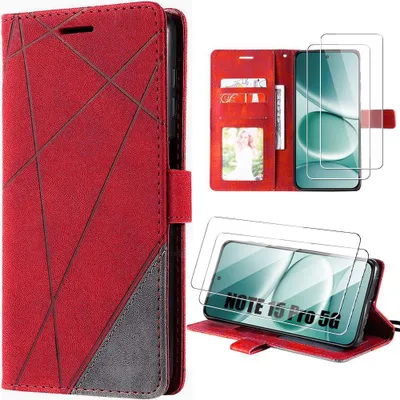 Image de Coque + 2 Verres Trempés pour Xiaomi Redmi Note 15 Pro 5G, Protection CuirPolyuréthaneMotif Rayures - Rouge