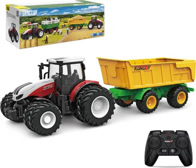 Zdjęcie produktu dla Zdalnie sterowany traktor RC z przyczepą, zabawka traktor, zdalnie sterowany traktor rolniczy ze światłem i dźwiękiem