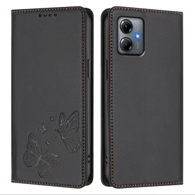 Produktbild von Lederhülle für Motorola Moto G14, Schmetterling Prägung Leder Brieftasche Schutzhülle mit Ständer Schwarz