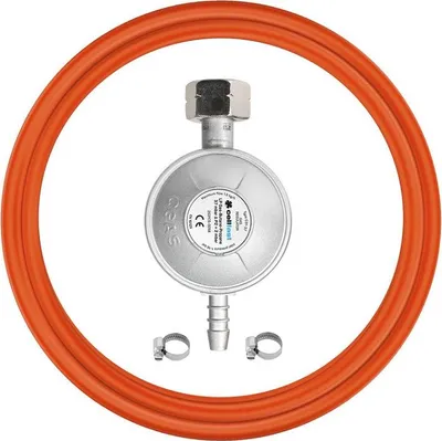 A gas regulator and hose set on a white background.