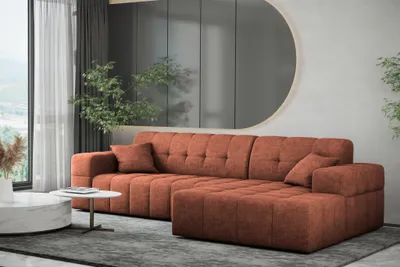 Productafbeelding van Designbank NANCY, stoffen bekleding, kleur: Perfect Harmony, roodbruin, met chaise longue aan de rechterkant