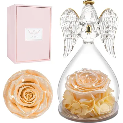 Produktbild von Engel Figur mit Ewiger Rose in Glaskuppel, Champagner, Geschenk für Frauen