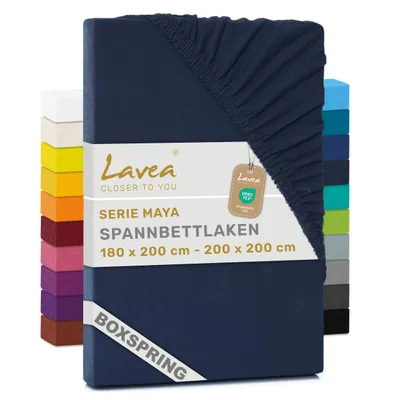 Produktbild von Lavea® Spannbettlaken 180-200x200 cm - Boxspringbett, Jersey, 40 cm Steghöhe, 100% Baumwolle, weich, atmungsaktiv, pflegeleicht, formstabil - Galaxyblau