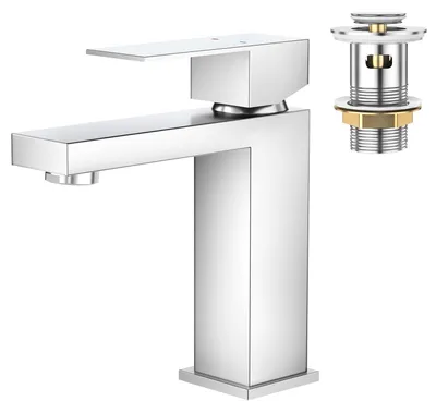Immagine prodotto di Miscelatore monocomando per lavabo, design quadrato, con sistema di scarico a tappo a scomparsa, finitura cromata