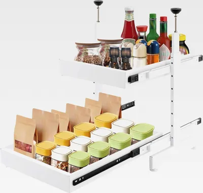 Produktbild von 2-Stöckig Teleskopschublade Küche, Ohne Bohren, Länge 41-60cm, Höhenverstellbereich 47-90cm, Tiefe 53cm, Jede Ebene max Tragfähigkeit 10kg, Ausziehbare Schublade (Weiß)