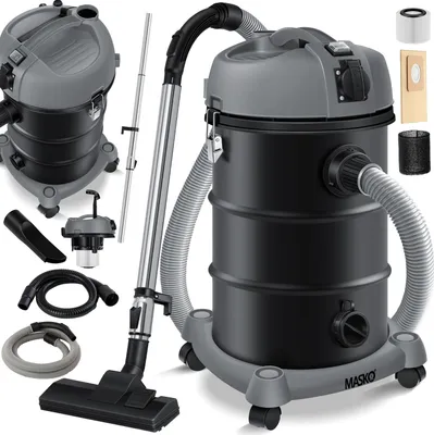 A collection of a MASKO industrial vacuum cleaner and its accessories, displayed on a white background.
