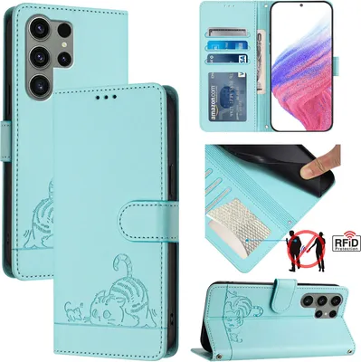 Produktbild von Leder Hülle für Samsung Galaxy S23 Ultra Süße Katze Flip Case Brieftasche Schutzhülle mit Standfunktion hellgrün