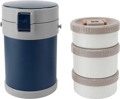 Image de Boîte à lunch isotherme 2L 3 étages en acier inoxydable 304, résistante aux micro-ondes, avec bandoulière pour l'école et le bureau Bleu