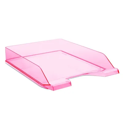 A pink plastic document tray is shown against a white background.