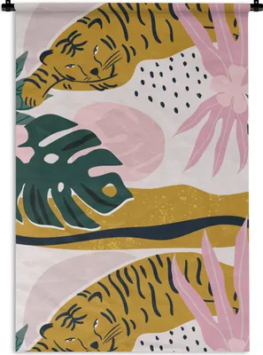 Produktbild von MuchoWow® Wandteppich Wandbehang Tiger - Blätter - Dschungel - Muster 90x135 cm Tapisserie Dekoration Wandtuch - Baumwolle - Wandskulptur
